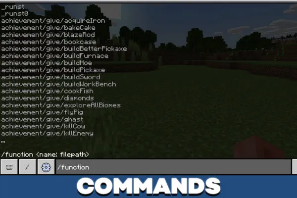 Commands in Java Achievement mod in Minecraft PE