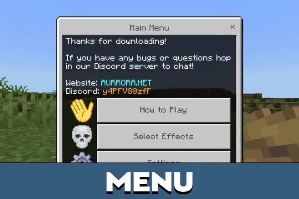 Menu from Damage Effects Mod Minecraft PE