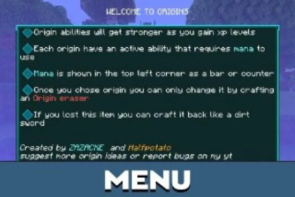 Menu from Z Origins Mod for Minecraft PE