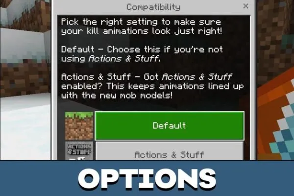 Options from Epic Kill Animations Mod for Minecraft PE