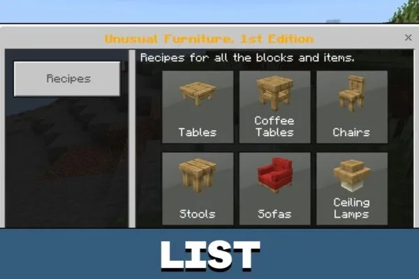 List from Unusual Furniture Mod for Minecraft PE