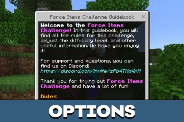 Options from Force Items Mod for Minecraft PE