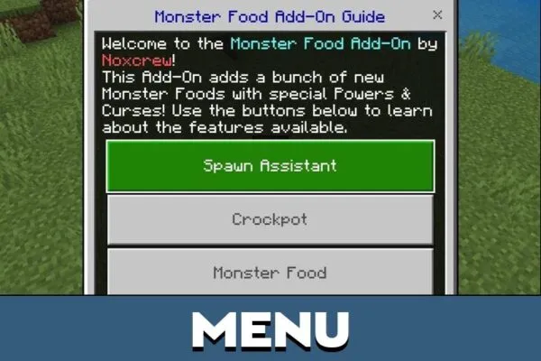 Menu from Monster Food Mod for Minecraft PE