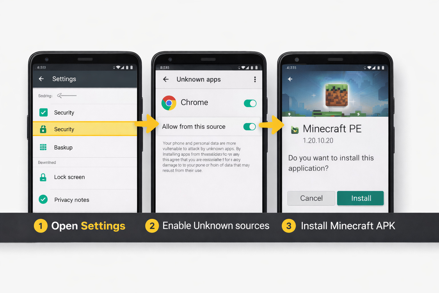How to install Minecraft APK on Android: open settings, enable unknown sources, and install the APK