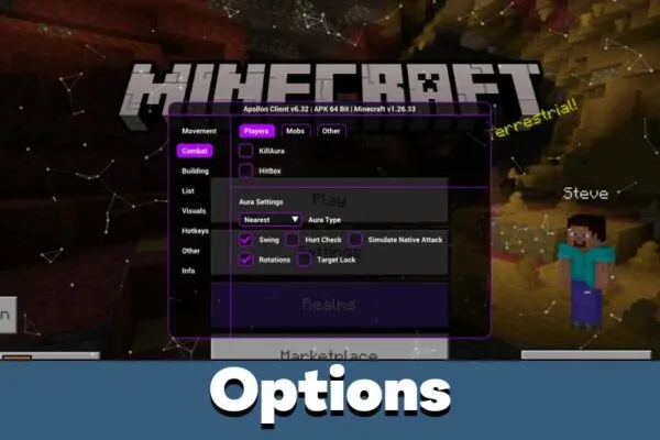 Options from Apollon Cheat สำหรับ Minecraft PE
