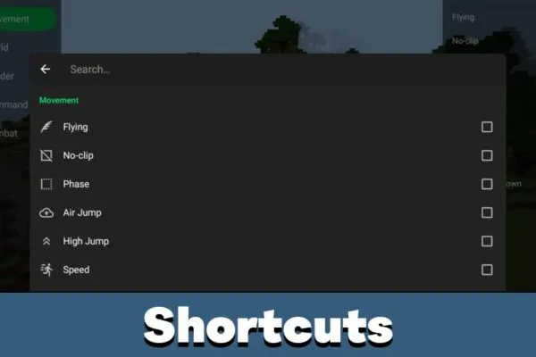 Shortcuts from Toolbox Cheat for Minecraft PE